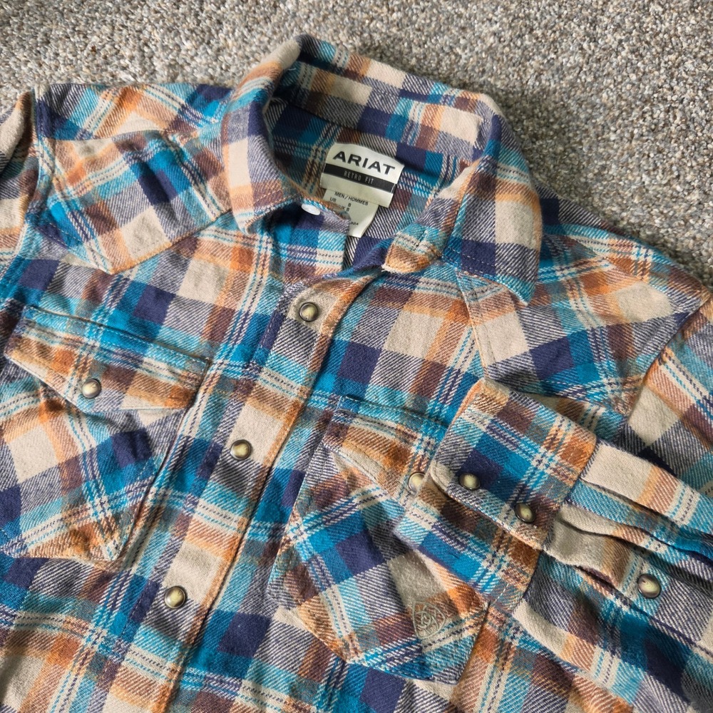 Ariat Retro Fit Mens Small‎ Blue Orange Plaid Flannel Western Snap Front Shirt